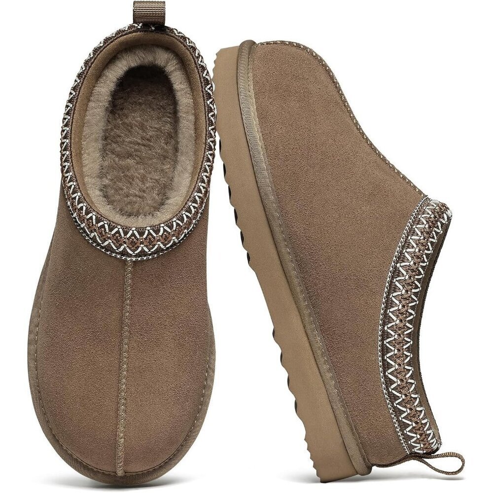 Women's Mocha Suede Fuzzy Slippers for Winter Warm House Shoes Cozy Boots